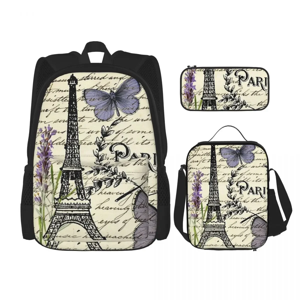 Vintage French Paris Flower Backpacks Bookbag Children School Bags Cartoon Kids Rucksack Lunch Bag Pen Bag Three-Piece Set