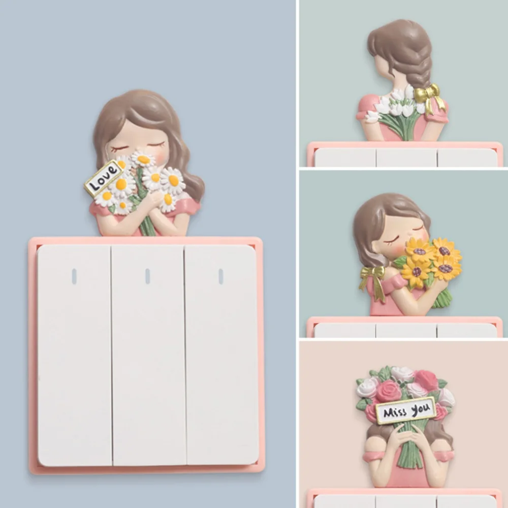 Pegatina de interruptor de resina de hadas de flores en miniatura 3D, pegatinas de pared de enchufe de luz, calcomanías de adorno de dormitorio, decoración del hogar