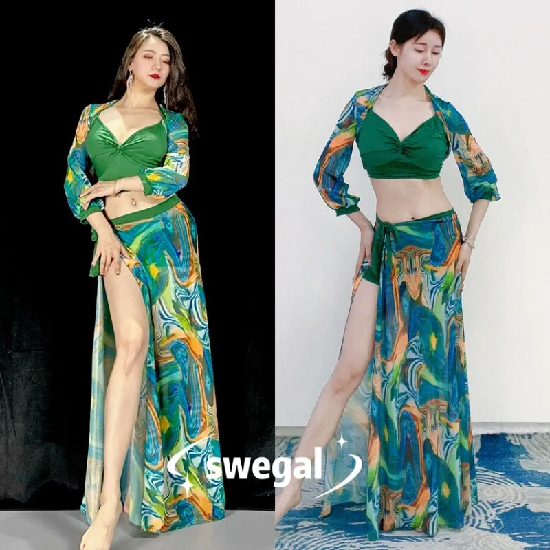 customized swegal Belly dance practice suit, dark green geometric light luxury four piece set, high-end feel mesh and modal
