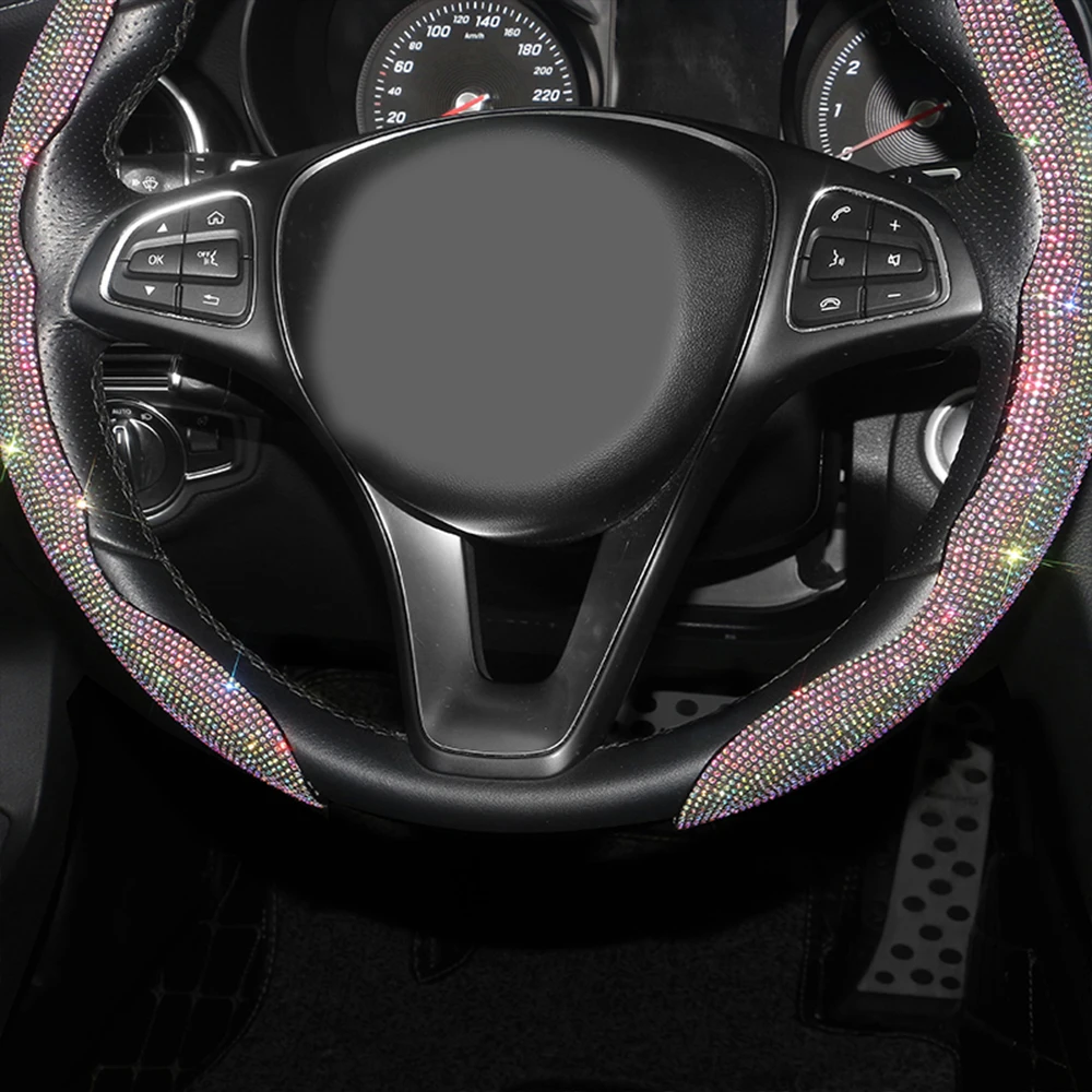 Bling Bling Diamond Steering Wheel Cover Universal Leather Sparkly Wheel Protector Anti-Slip Cover Car Accessories for Women