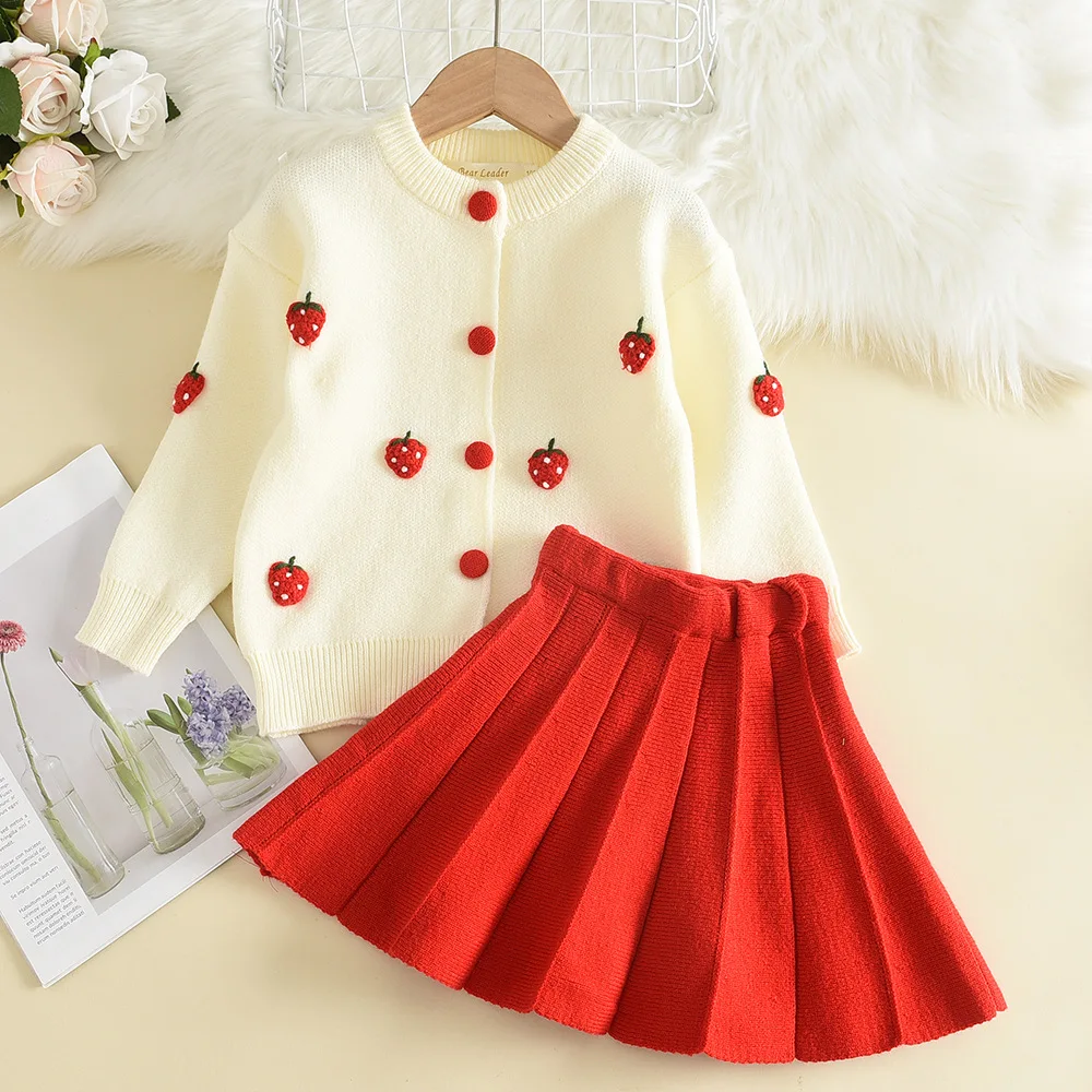 Children Sweet Cute Style Multi‑floral Embellishments Candy Color Knitted Cardigan Dress Two‑Piece Set For Daily Casual Outfit