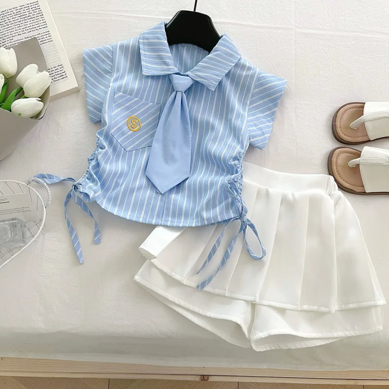 

Children's Outfit Set Skirt New Summer Girl Baby Fashion Short Sleeve Thin Striped Shirt+Pleated Short Skirt Two-Piece Set