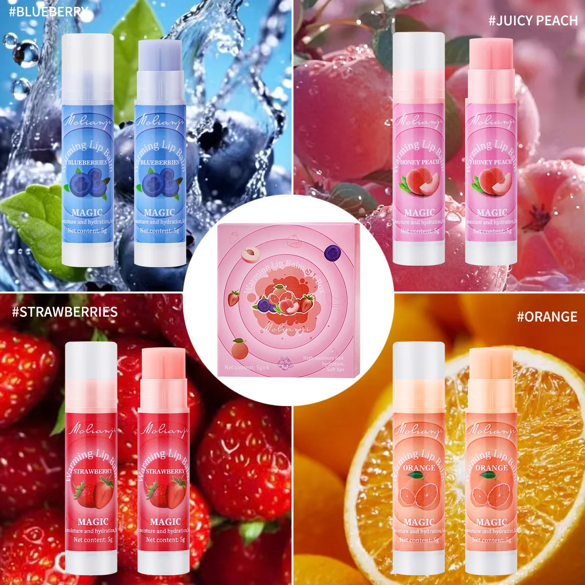 Zestaw balsamów do ust z 4 odcieniami owocowych zapachów, nawilżający olejek do ust zmieniający kolor pod wpływem ciepła, zestaw w pudełku, pielęgnacja ust, odżywczy zestaw balsamów do ust.