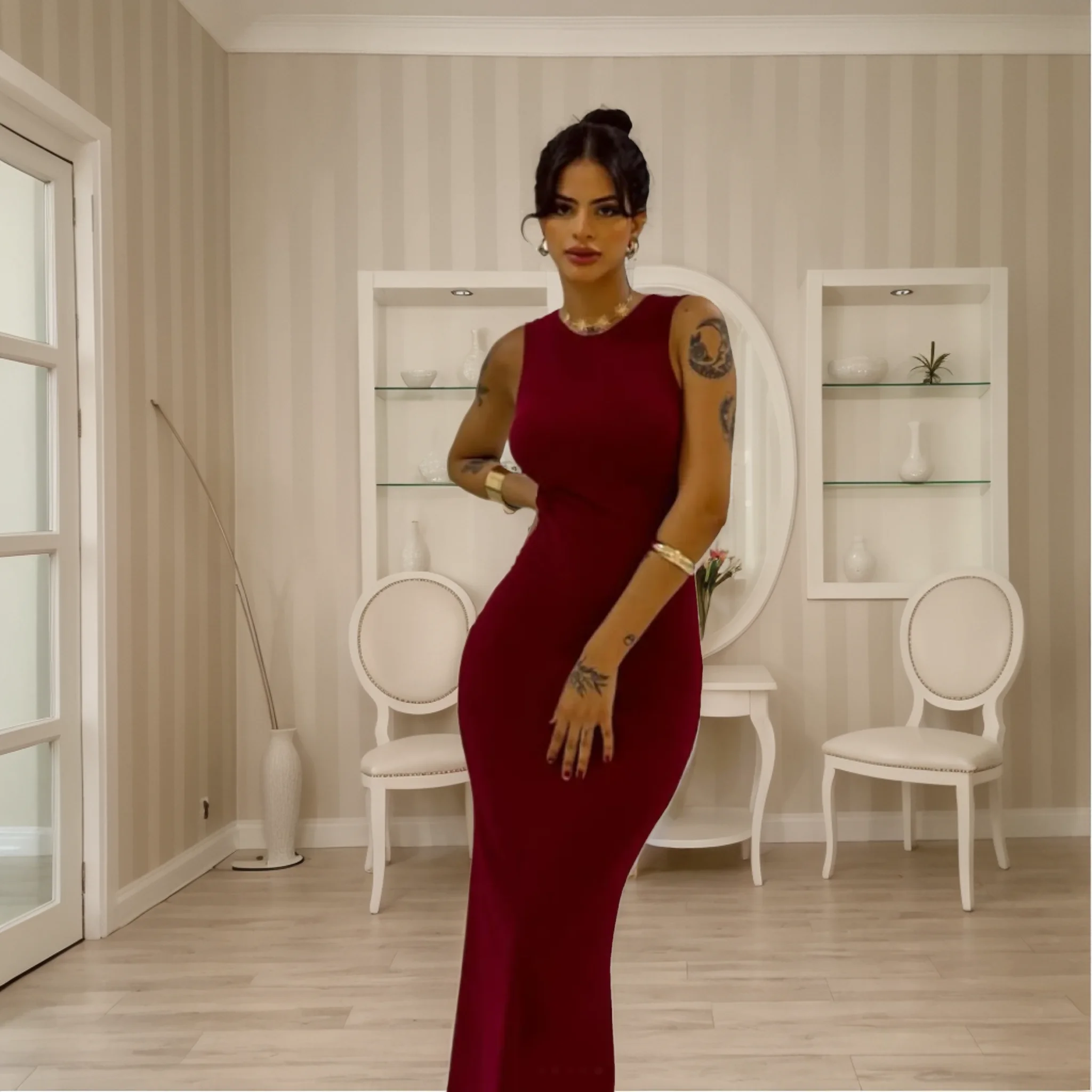 

Sexy Mermaid Evening Dress For Women Summer Simple Solid Color O-Neck Sleeveless Maxi Prom Dress Empire Slim Club Party Gowns