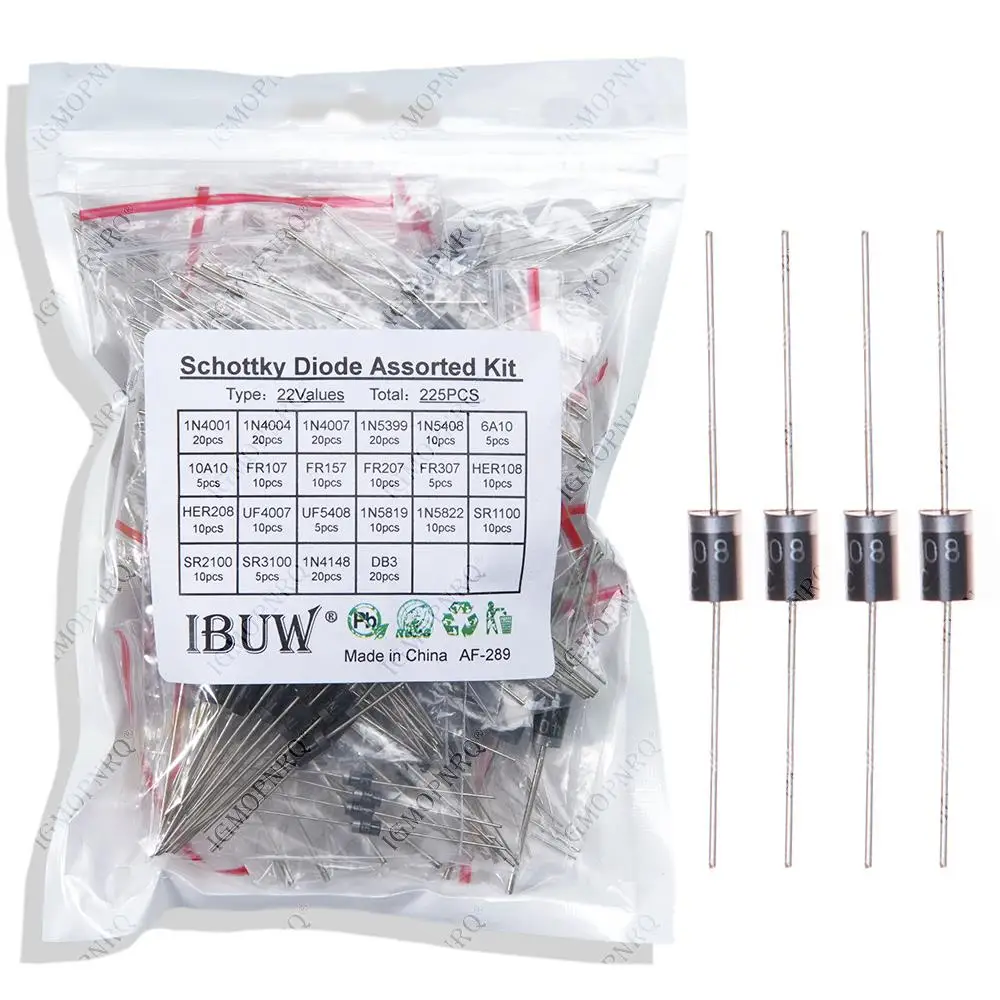 255PCS 1N4001 1N4004 1N4007 1N5408 UF4007 FR307 1N5819 1N5822 6A10 10A10 Schnelle Schaltgleichrichter Schottky Diode Assorted Kit
