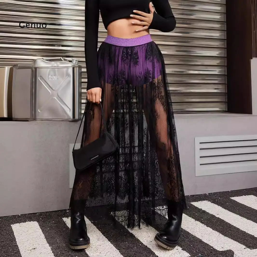2026 Gothic Sheer Lace Maxi Skirt Mesh Tulle Long Skirt for Party and Matching Outfits