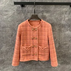 2024 Early Autumn Orange Plaid Woolen Tweed Jacket Women O-neck Long Sleeve Gold Buttons Pockets Vintage Sweet Coat Silk Liner