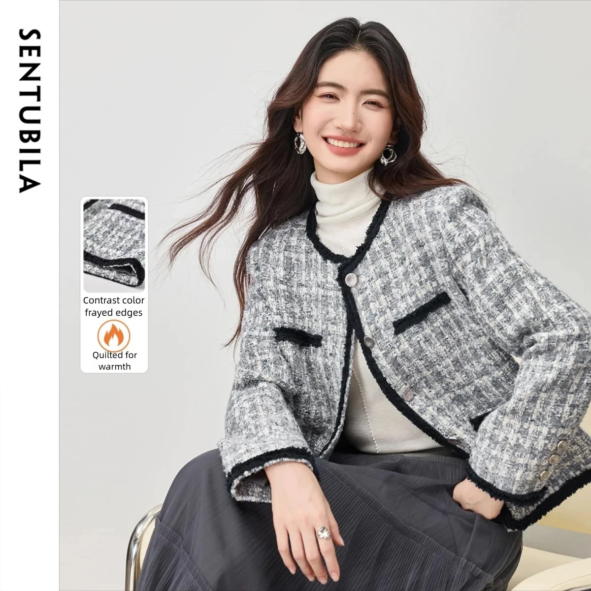 

SENTUBILA Elegant Plaid Jackets for Woman Single Breasted Coats 2025 Autumn O-neck Long Sleeve Tops Female Clothing 154WA2105
