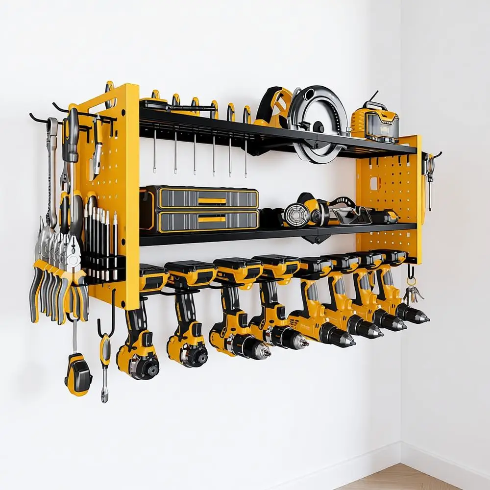 

Power Tool Organizer Wall Mount, 8 Drill Holder, 3 Layers Heavy Duty Storage Rack (Yellow)