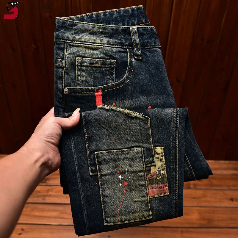 High Street Fashion Men Jeans Retro Blue Elastic Slim Fit Ripped Jeans Men Vintage Designer Stretch Casual Denim Pants Hombre