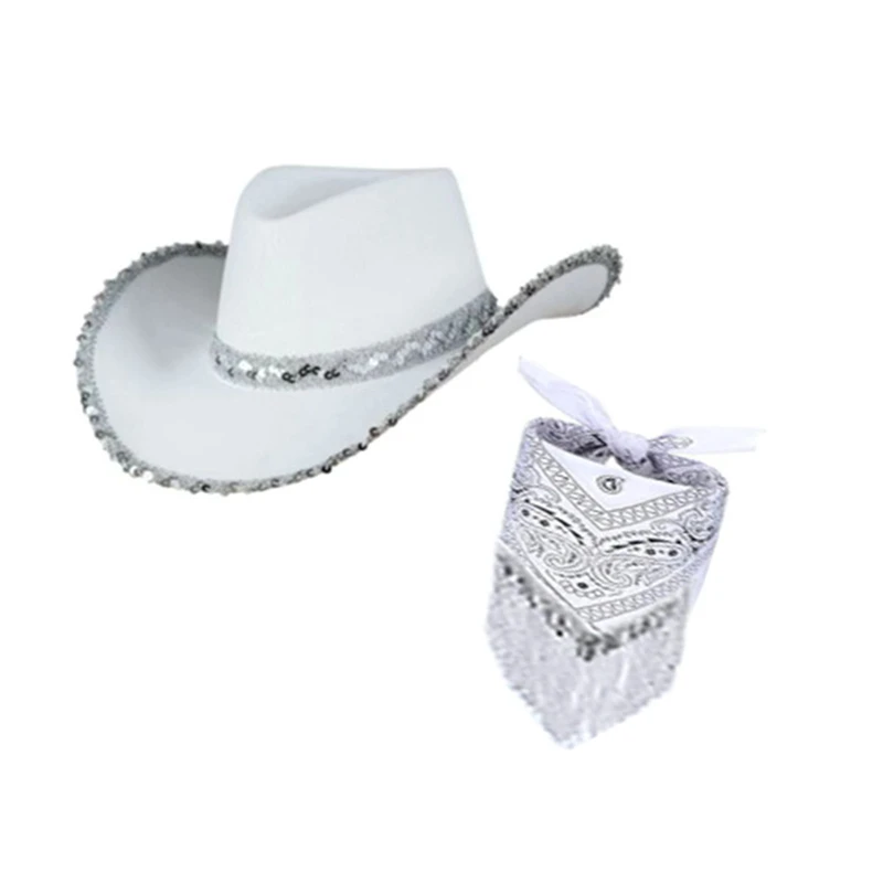 Wild West Cowgirl Hat Glitter Sequins Cowboy Hat with Fringed Paisley Bandana Bling Tassels Halloween Cosplay Costumes Props