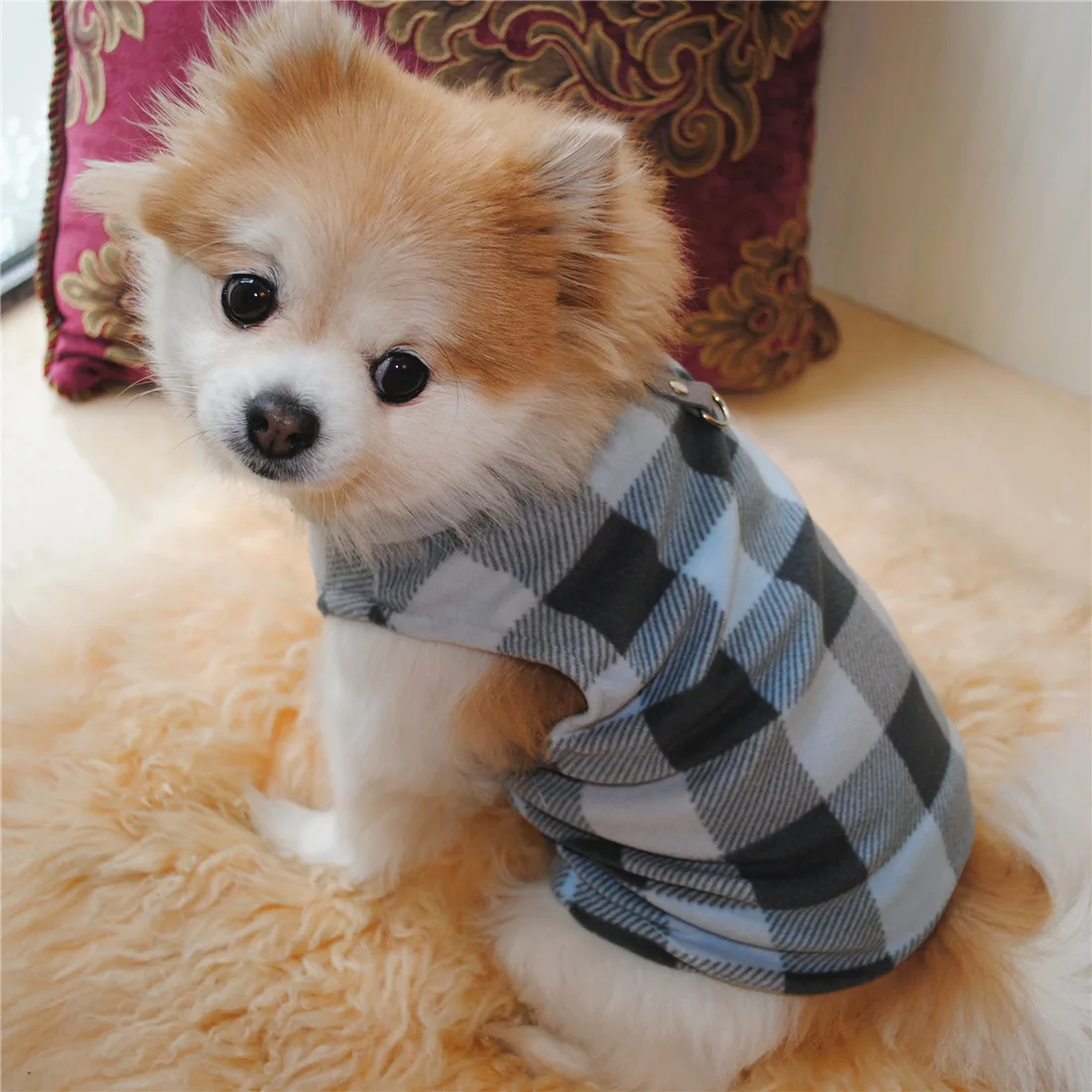 Polar Fleece Dog Sweater Soft Dog Winter Clothes with Leash Ring Plaid Warm Dog Jacket Pullover Clothes for Dogs Jackets