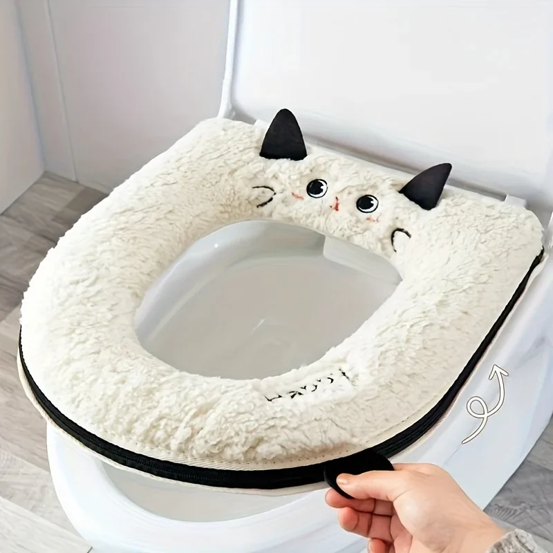 

Cat Toilet Seat Cushion Soft Warm Thickened Velvet Toilet Seat Pad Zipper Waterproof Cover Toilet Bathroom Supplies Universal