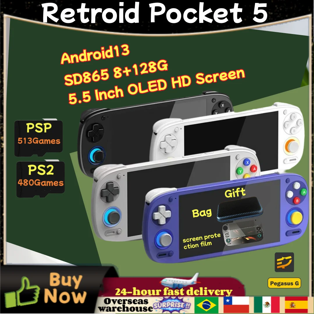 Retroid Pocket 5 RP5 Retro Handheld Game Console Video Player Console 5.5 Inch OLED Touch Screen 8+128G Android13 PSP PS2 Gift