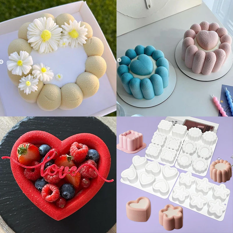 

4-Cavity Silicone Mousse Mold with 3D Heart Star round Square Flower Shapes for DIY Dessert Chocolate Cake Decorating Bakeware