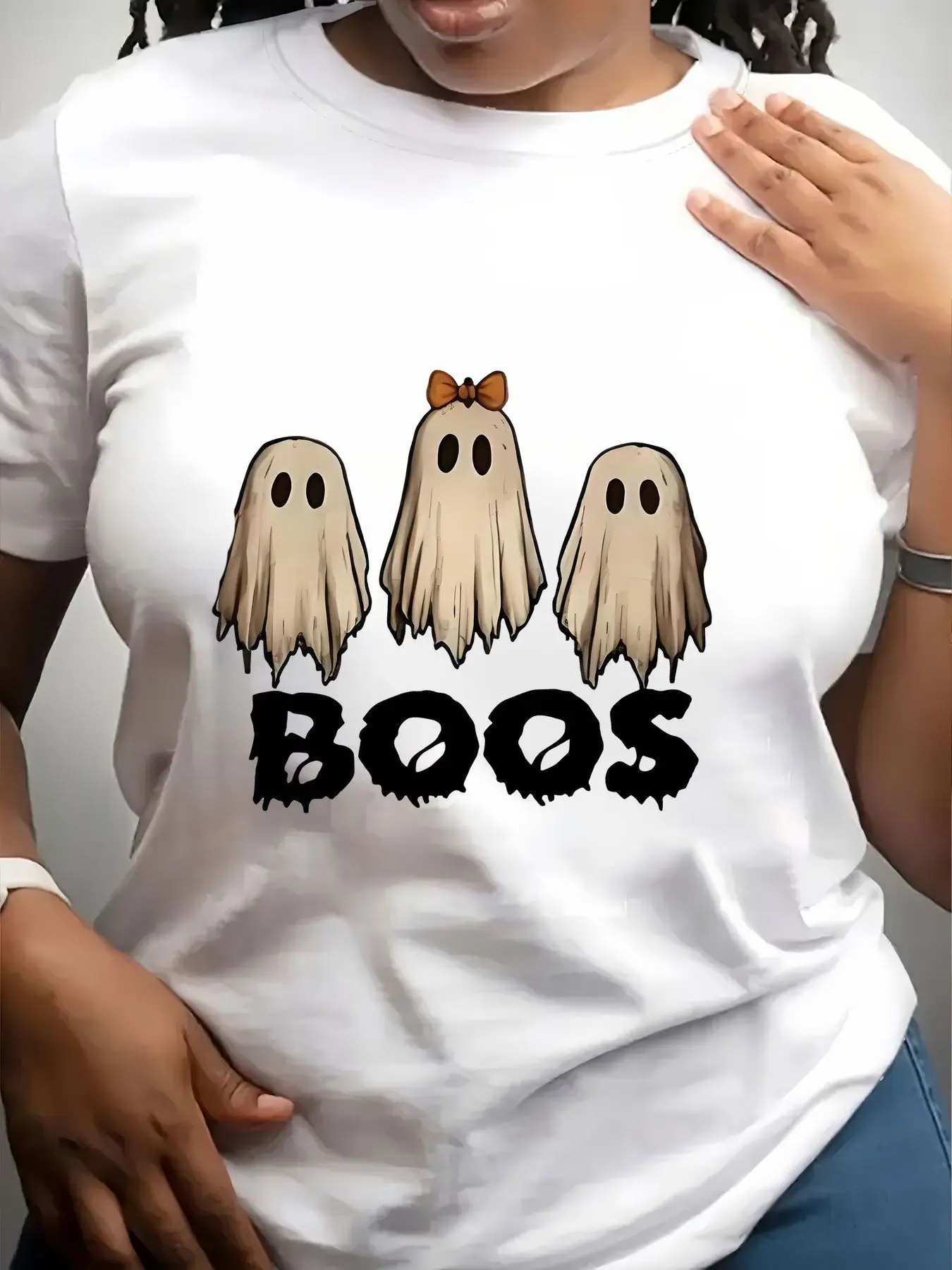Women's Trendy Crew Neck T-Shirt Three Cute Ghosts with Boos Text Suitable for Casual Sportswear