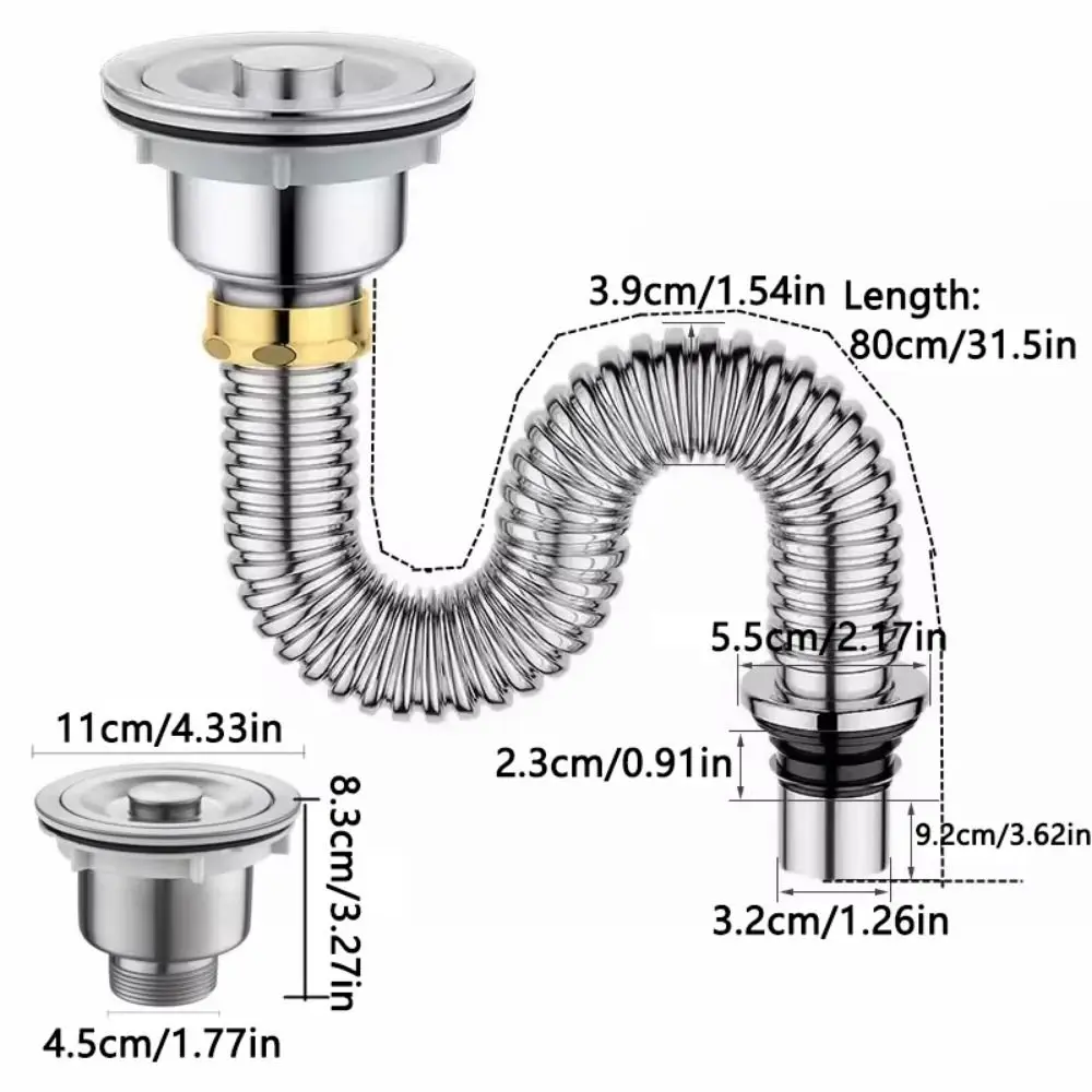 ท่อระบายน้ำอ่างล้างจานแบบหนาพิเศษ พร้อมตัวกรองสแตนเลส ป้องกันกลิ่น ป้องกันหนูกัด พร้อมจุกปิดอ่างล้างจานแบบยืดหยุ่น