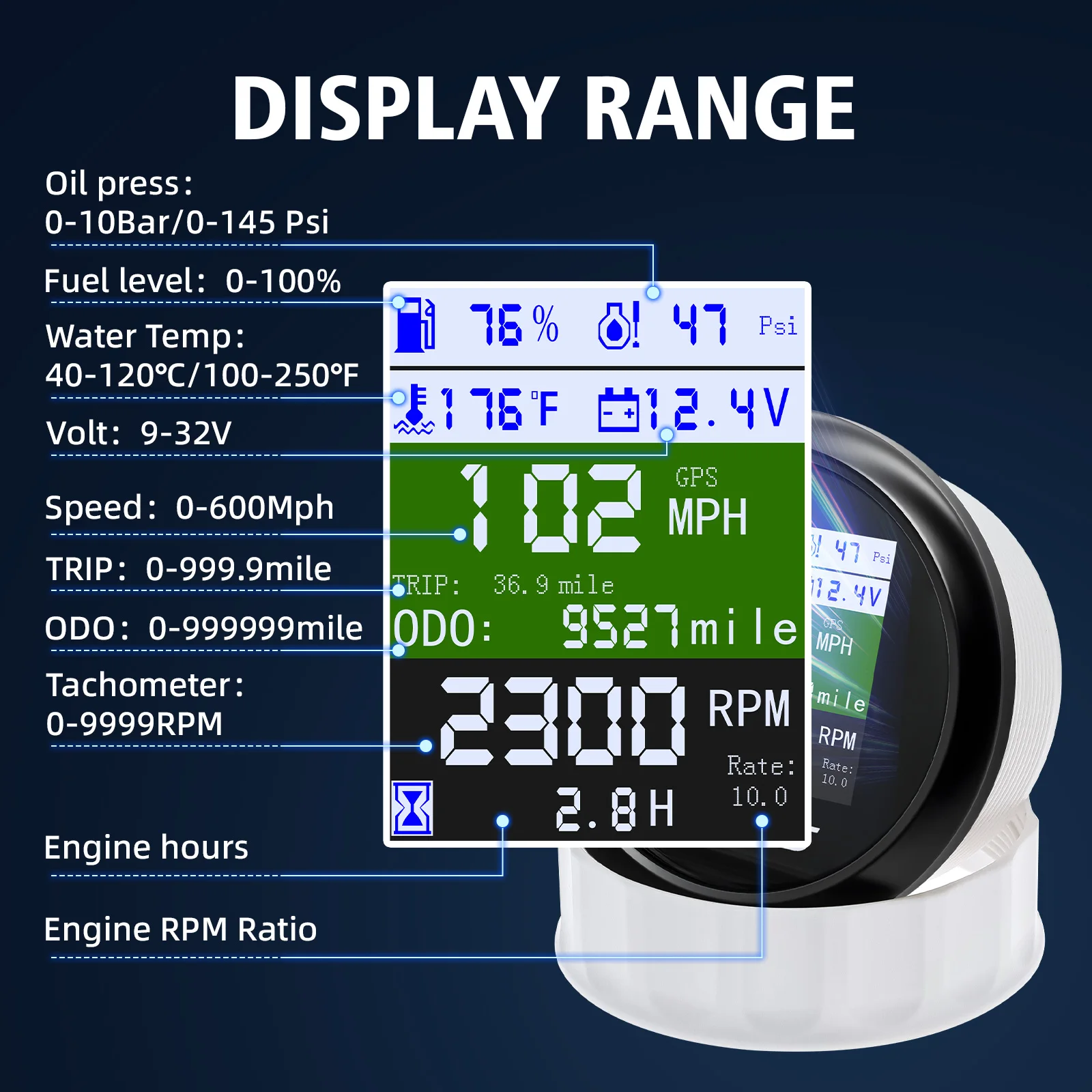 85MM 6 IN 1 Gauge GPS Speedometer/Tachometer/Fuel/Oil Press/Temp/Volt Gauge LCD Display Car Gauge With Odometer for Boat 9-32V