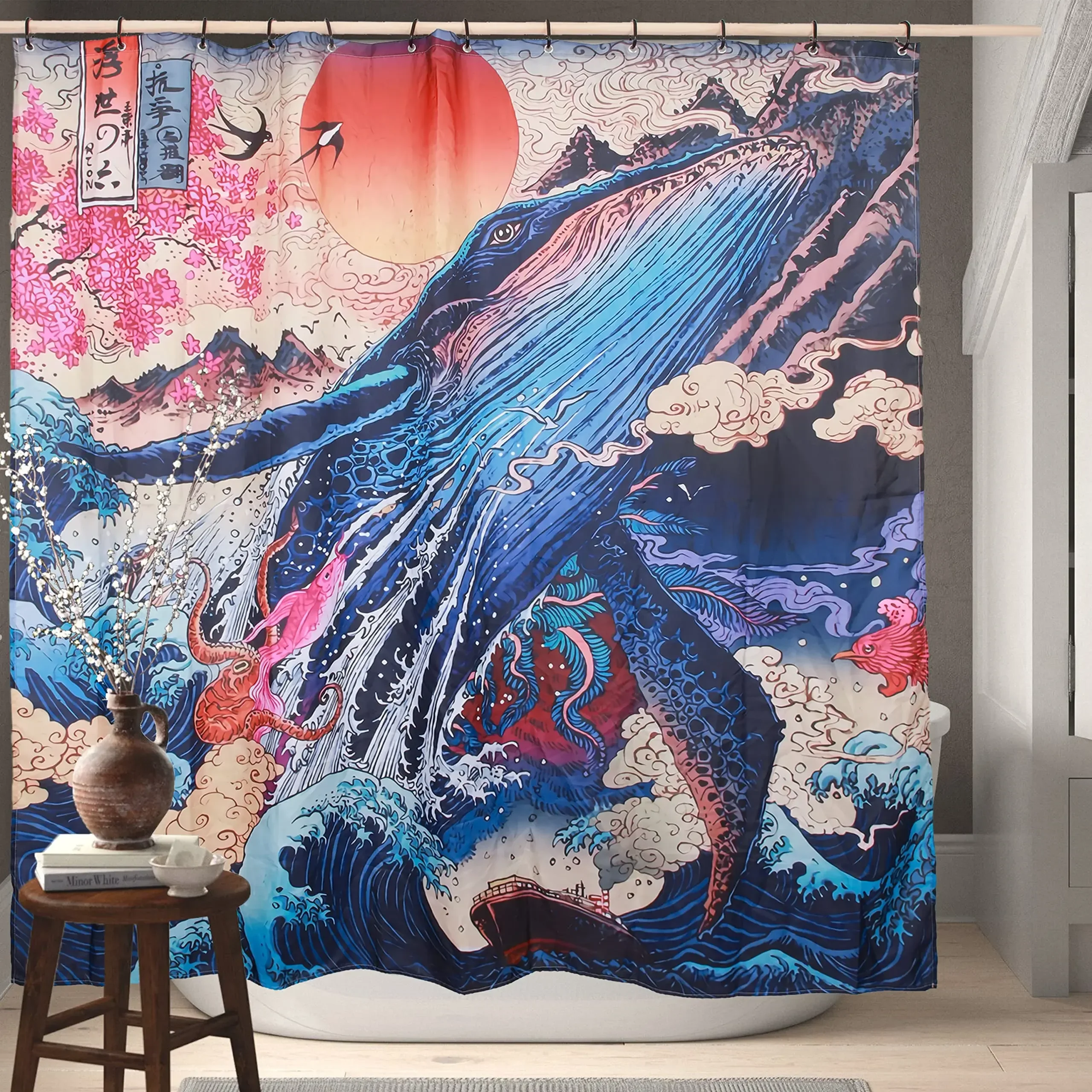 Shower Curtain,Japanese Blue Ukiyoe Sunrise The Grave Waves Brave Whale Ocean Unique Octopus Monster Shower Curtain Bathroom Set