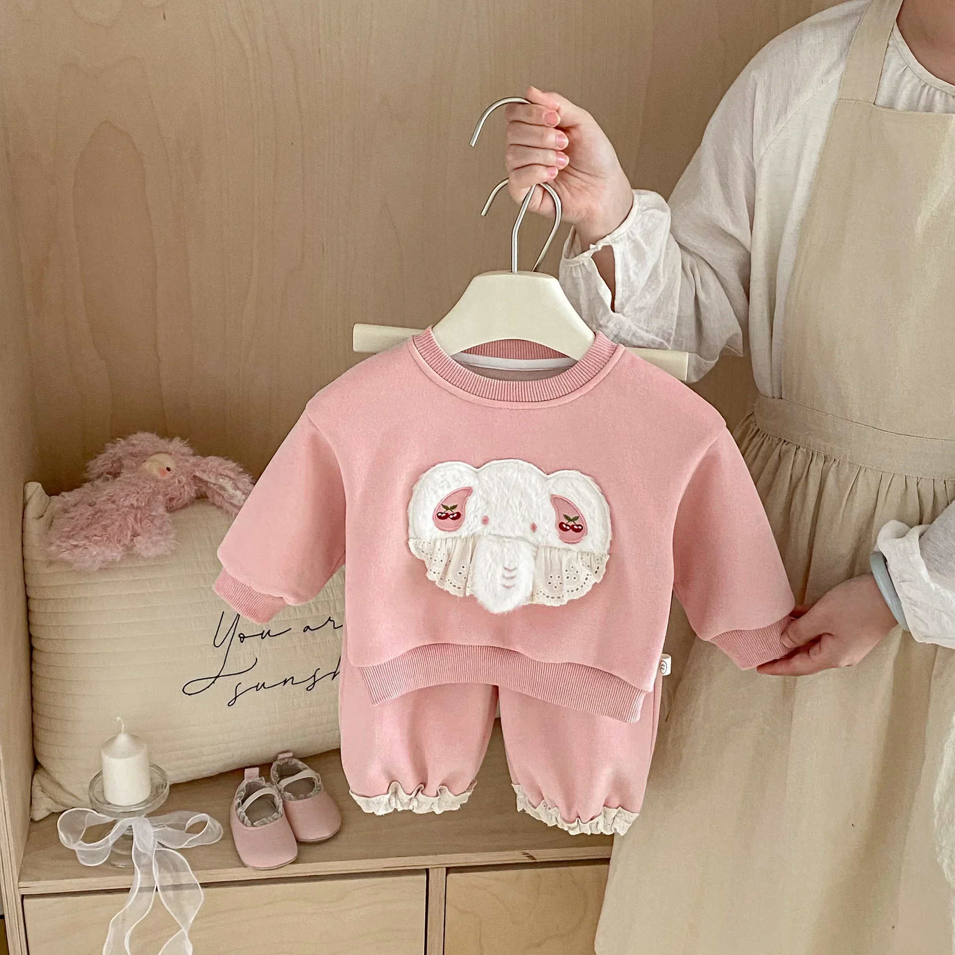 

0-5Y Patch Thickened 2025 Baby Girl Cotton Sets Fleece Sweatshirt and Lace Cuff Sweatpants 2Pcs Sets Autumn Winter Warm Outfit