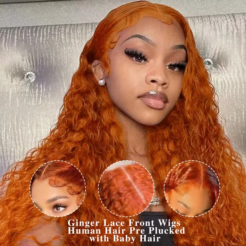 Water Wave Ginger Orange Lace Front Wigs Human Hair 350 Colored Human Hair Wet Wavy Wig for Women Deep Curly Wigs with Baby Hair