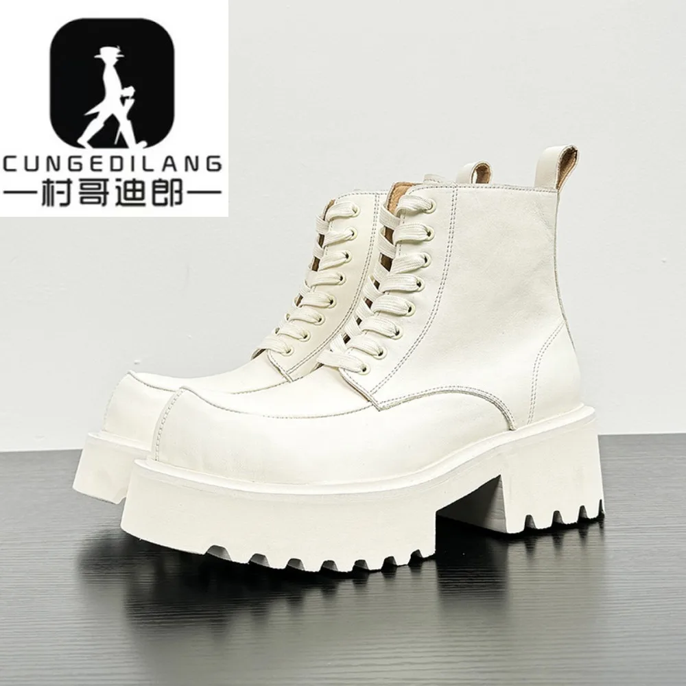 6CM High Heels Men Boots Genuine Leather Boot Men Ankle Black White Motorcycle Boots Men Handsome Botas Hombre Party/Wedding