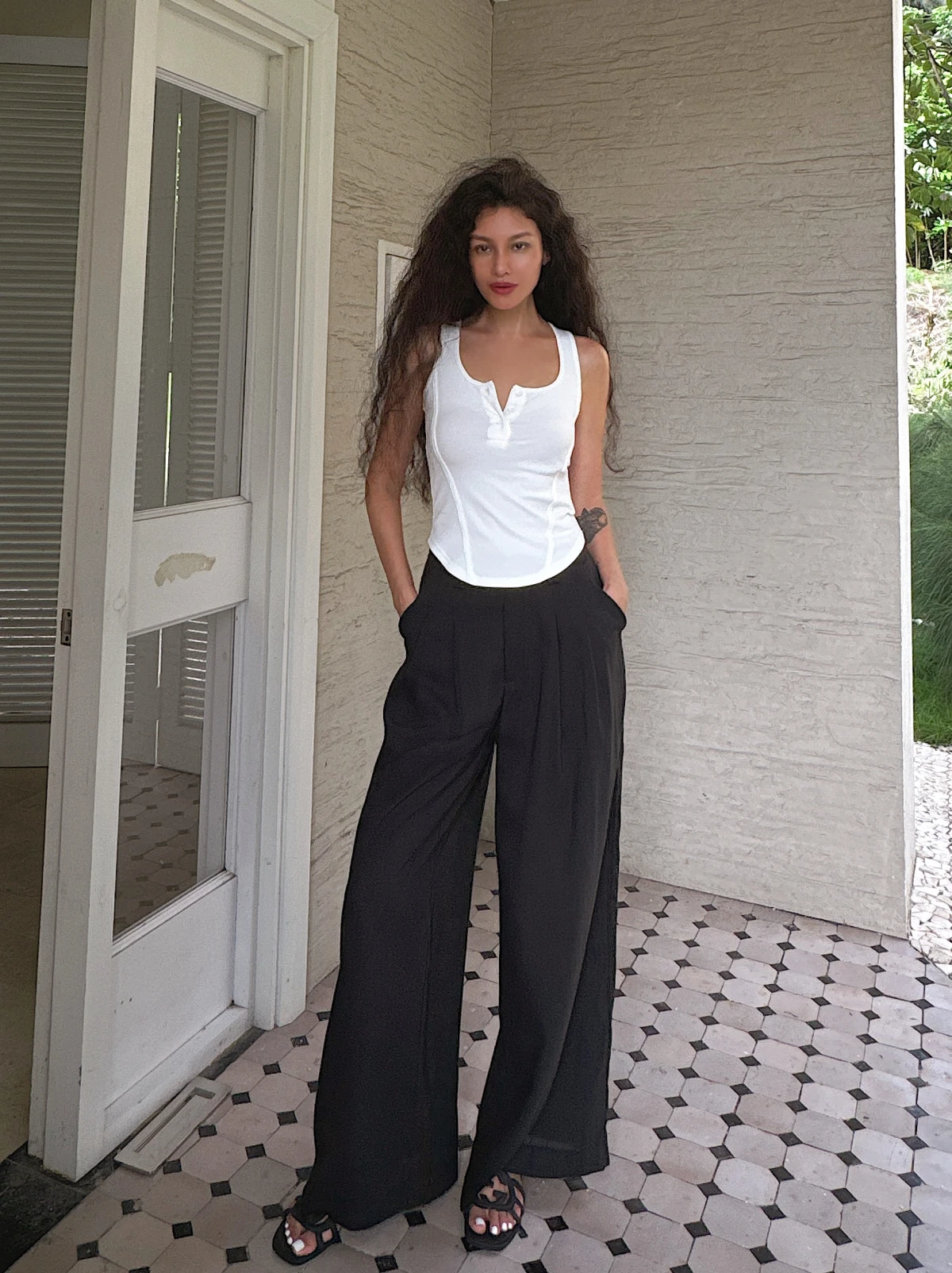 

High Waist Wide Leg Pants Draped Texture Bla Color Slimming Long Leg Effect Simple Sle Commute Wind ket Design Polyest...