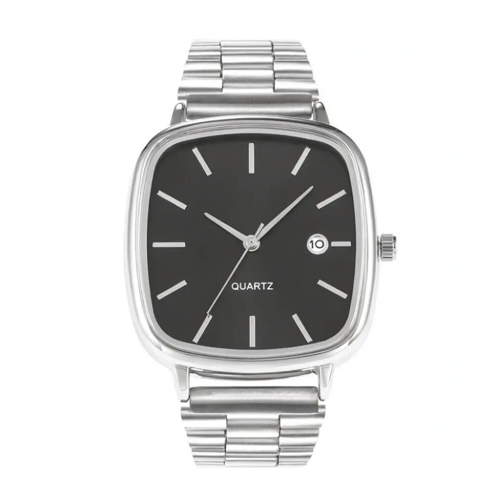 Modern Square Quartz Wristwatch Silver Metal Band Date Display Professional Business Casual Fashion Accessory For Adults