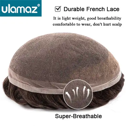 Imagen 2 del producto Nudos blanqueados, prótesis de cabello frontal de encaje para hombre, peluca de cabello humano, peluquín de encaje francés, pelucas para hombres, sistema de cabello de encaje completo, peluca para hombres