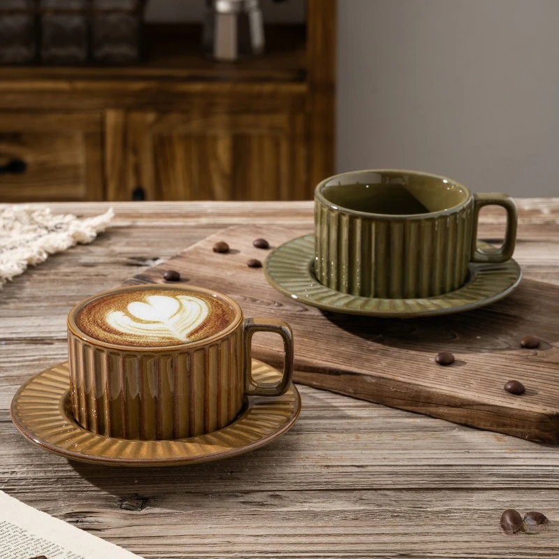 

2025 New High-Aesthetic Solid Color Striped Mug French-Style Old-Fashioned Sophisticated Coffee Cup Afternoon Tea Latte Cups