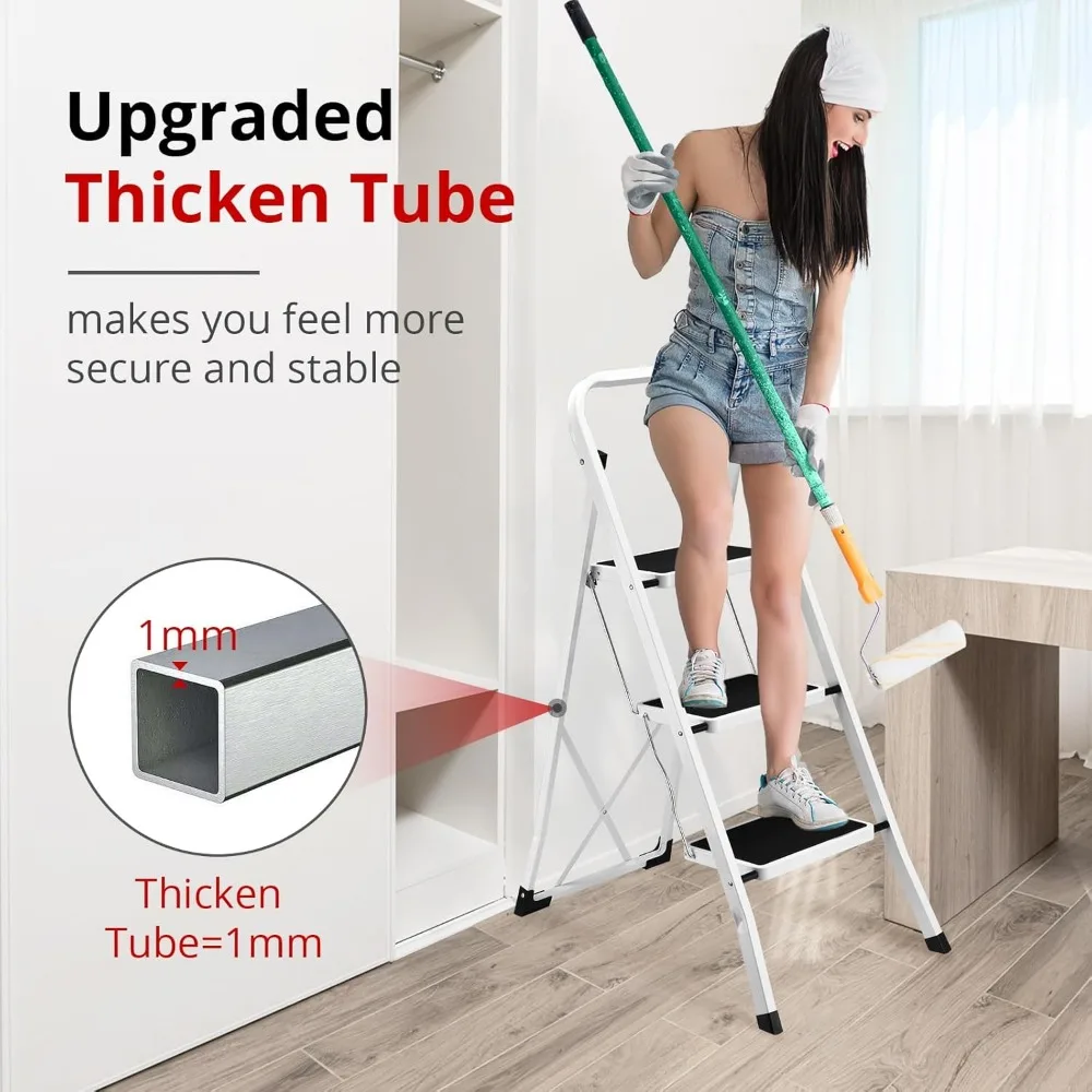 Opvouwbare trapladder voor volwassenen met antisliptreden, draagvermogen van 330 lbs, geschikt voor keuken en thuisgebruik, wit