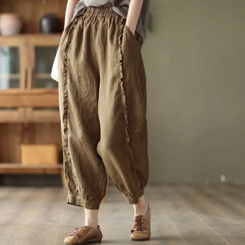 

Fashion Loose Elastic High Waist Pockets Spliced Shirring Ruffles Pants Women's 2023 Autumn New Commute All-match Casual Capris