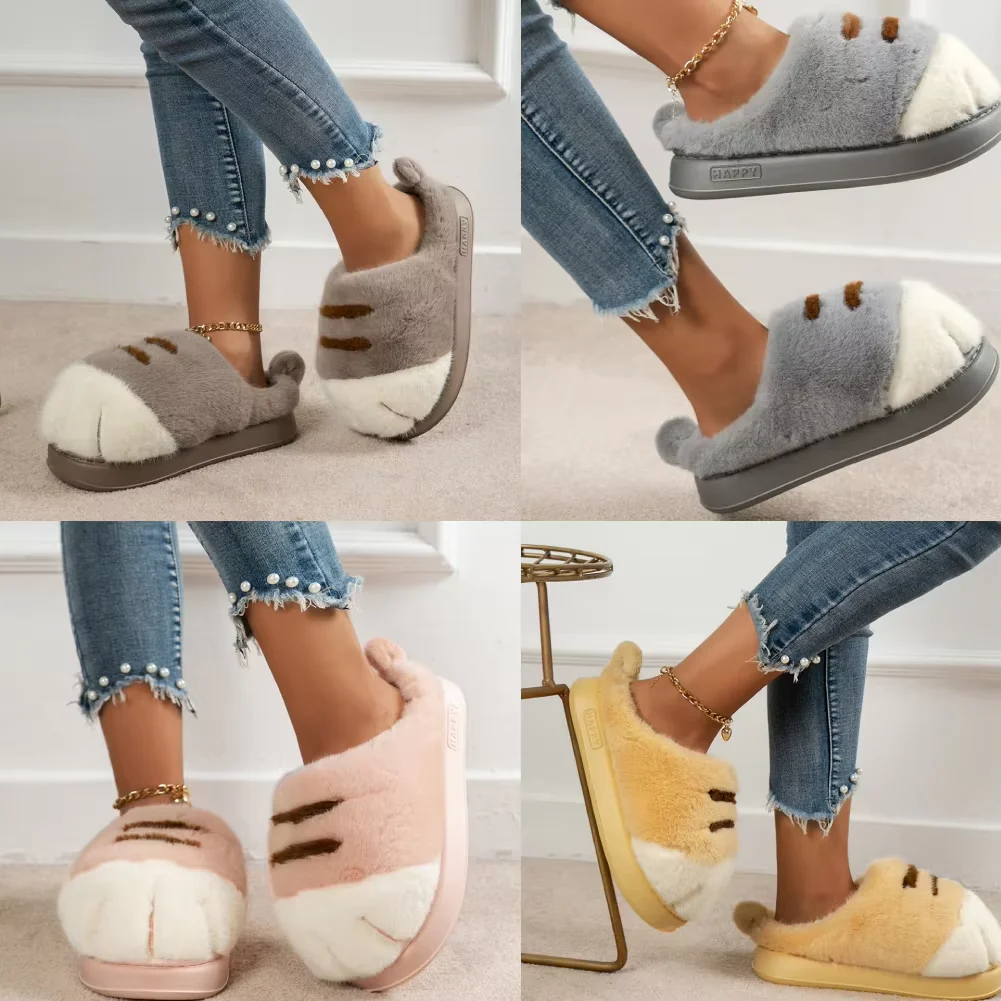 

Новые яркие пушистые тапочки с кошачьими лапами для женщин, зимняя обувь, плюшевые домашние меховые шлепанцы, женские и мужские теплые шлепанцы с когтями животных, домашние шлепанцы