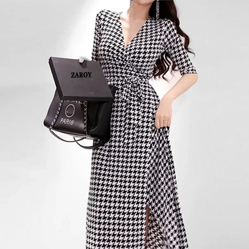 Houndstooth Print Long Summer Dress for Women Half Sleeve V Neck Belted-Up Wrap Waist Maxi Dress Elegant Party Evening Robe