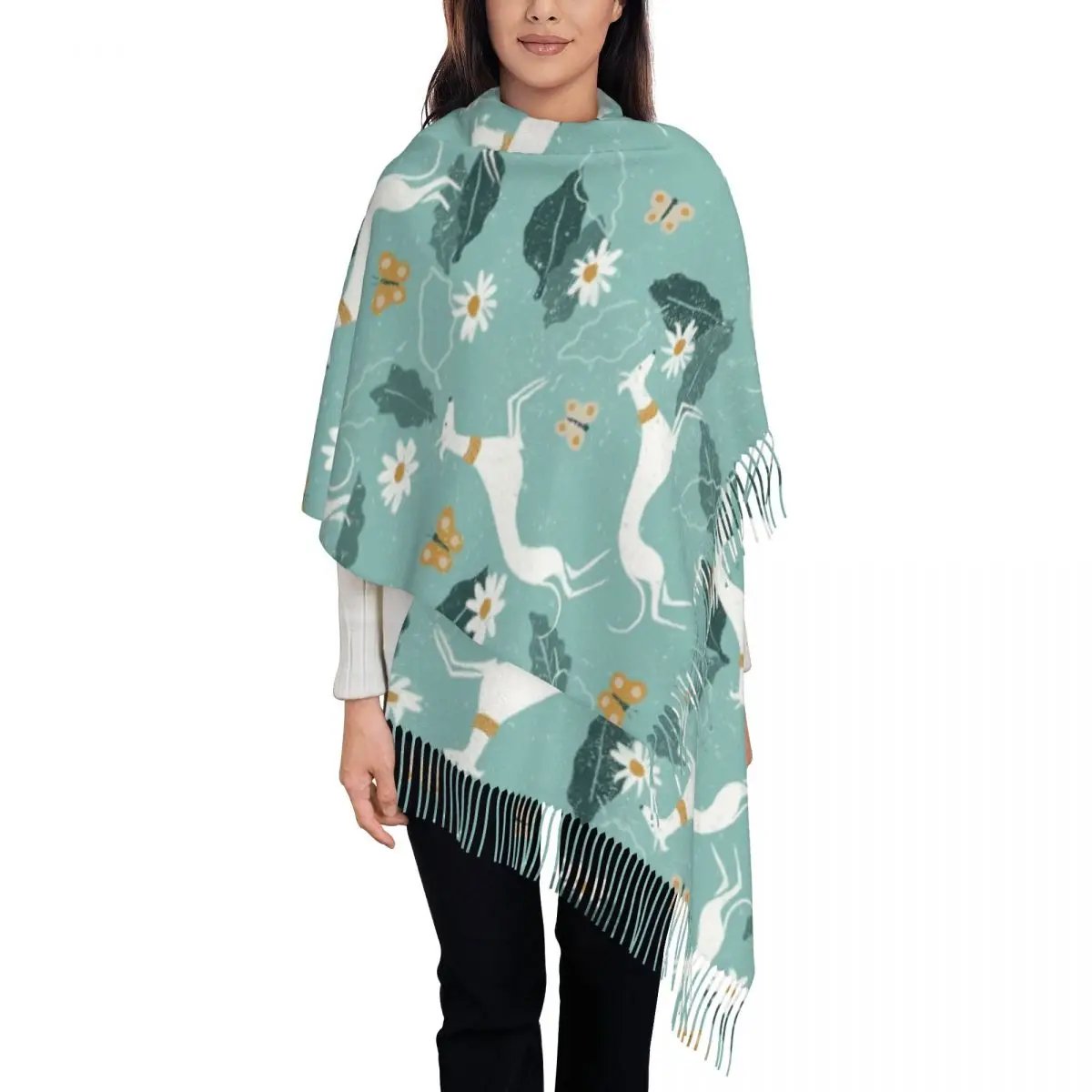 Women's Scarf with Tassel Greyhound And Butterfly Long Winter Warm Shawl and Wrap Whippet Sighthound Dog Gifts Cashmere Scarf