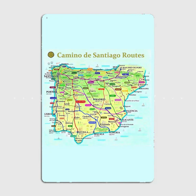 Map of Camino de Santiago Routes in Spain and Portugal Retro Poster Metal Sign Indoor Room Wall Decor Custom Tin Home Decor