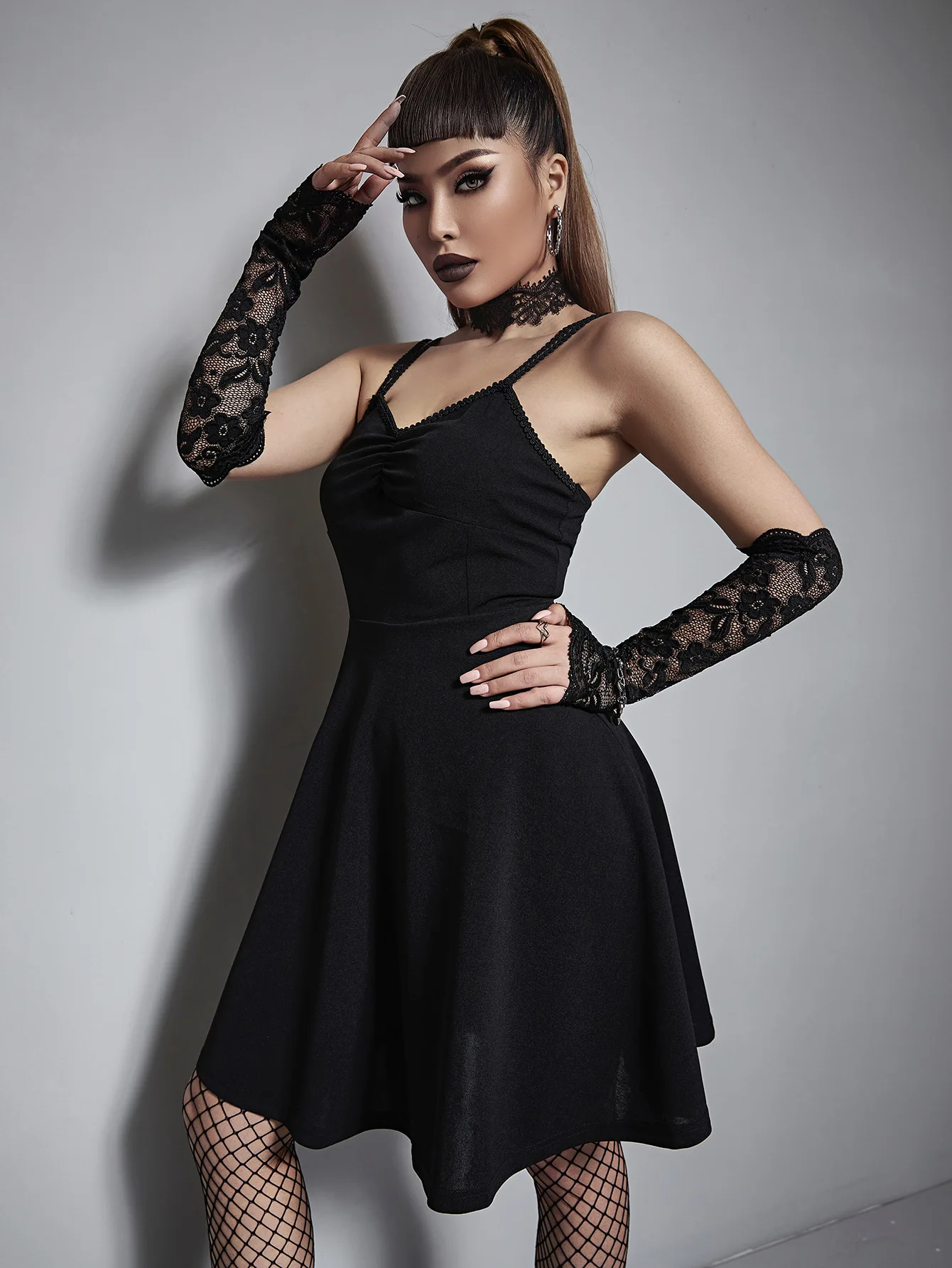 European and American Goths Style Solid Color Dark Girl Elastic Sling Dress