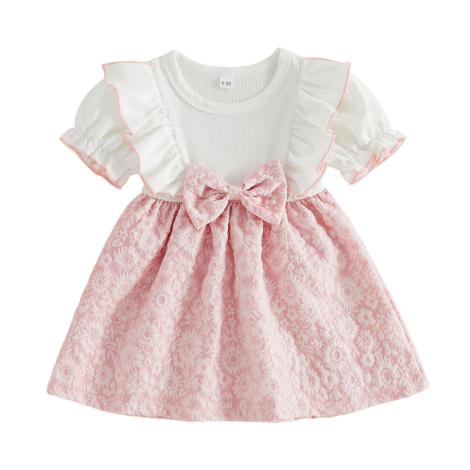 

Летнее платье для маленьких девочек с цветочным жаккардовым узором, короткими рукавами, круглым вырезом, рюшами и бантом, А-силуэт