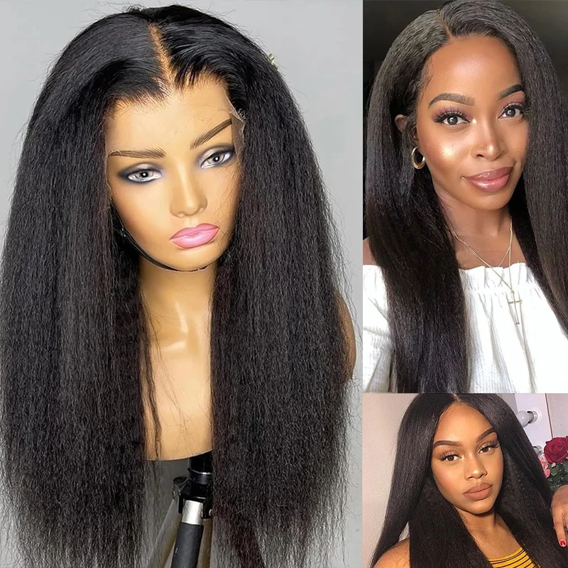 باروكة صناعية بدانتيل أمامي شفاف 13X4، ياكي كينكي مستقيم أسود طبيعي للنساء، ملابس تنكرية يومية