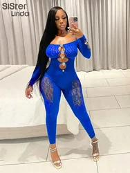 Sexy Hollow Jumpsuits Women Long Sleeve See Through Off Shoulder Body-Shaping One Piece Playsuits Workouts Overalls