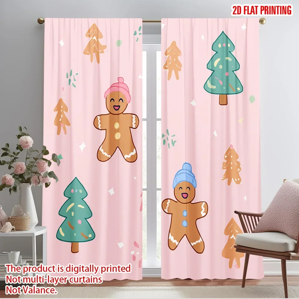 

2pcs,2D plane printing Print Curtains Christmas gingerbread Durable 100% Polyester Fabric (without rod) Decorations For Home for