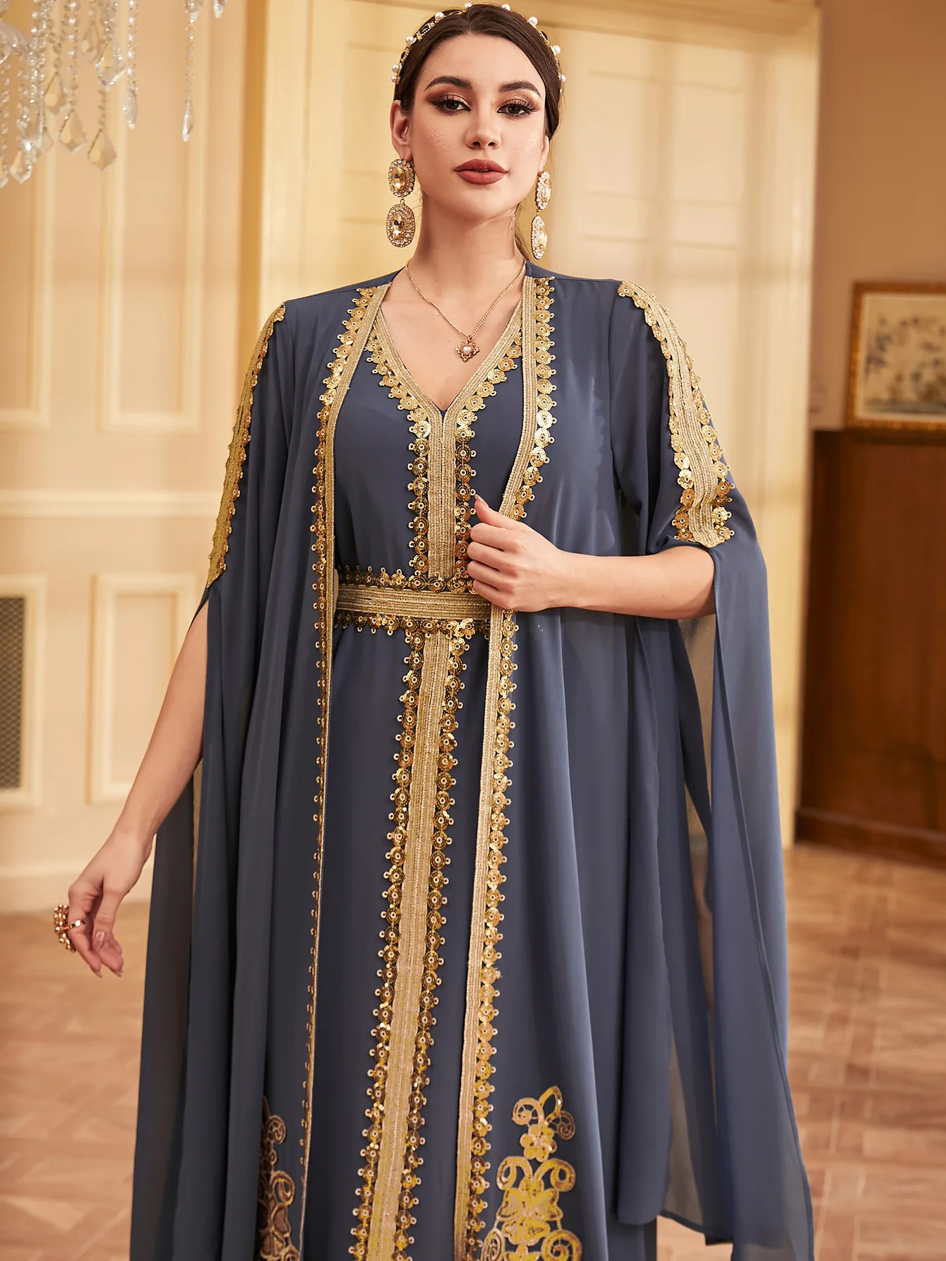 

Мусульманские комплекты Ид из двух предметов с блестящей вышивкой, женские абайи и жилет, длинное платье, арабская одежда, платье Джалабия, Рамадан, кафтан, сабея