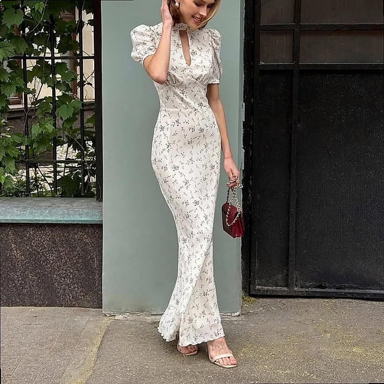 Floral Dress Women Elegant Hollow Out Stand Collar Bubble Sleeve High Waist Bodycon Long Dresses for Spring Summer