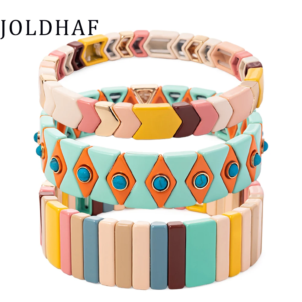 Wholesale Enamel Bracelets For Women Khaki Color Metal Bangle Elastic Beads Bangle Jewelry Handmade Colorful Jewelry Supplier