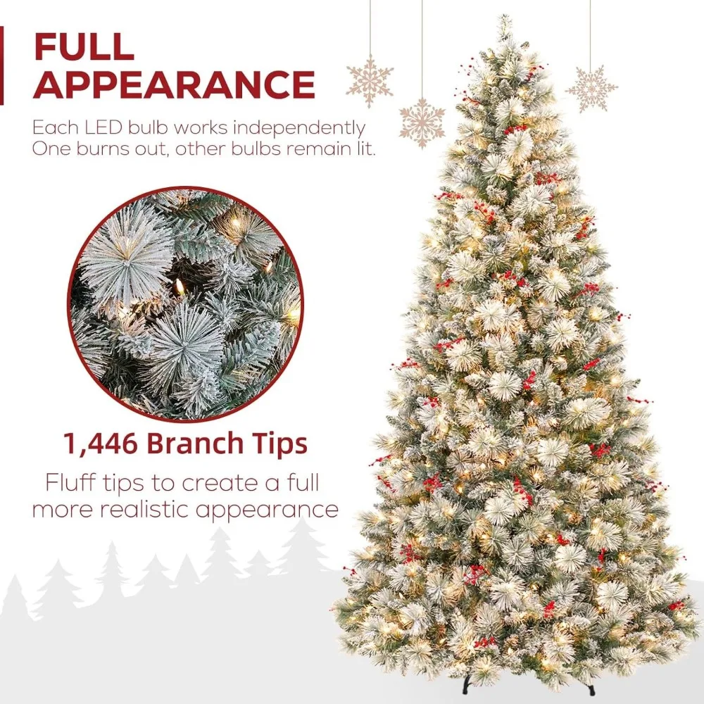 شجرة عيد الميلاد الاصطناعية الثلجية بطول 7.5 قدم مع 450 مصباح LED، وأطراف فرع 1446، وحامل معدني #2
