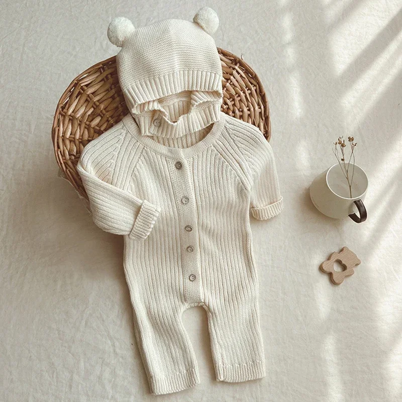 

2023 Autumn Toddler Baby Boys Girls Knitted Bodysuit New Infant Kids Jumpsuit With Hat Newborn Knitwear Outfits For 0-24 Months