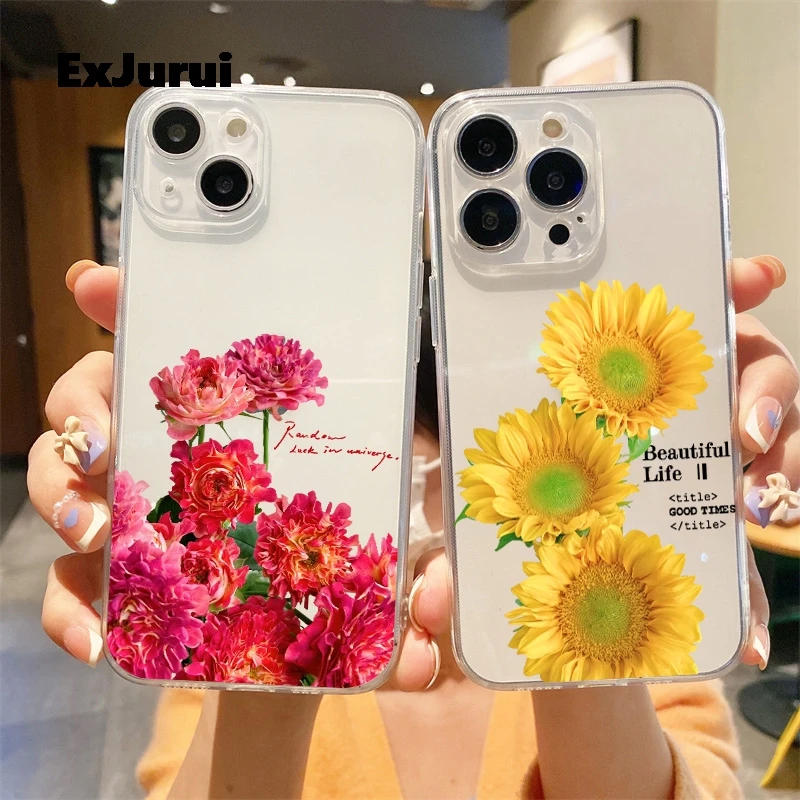 Rose Sunflower Tulip Chrysanthemum Hydrangea Flowers Case For iphone 16 15 7 8 plus 12 13mini 11 14 pro Max X XR XS Clear Covers