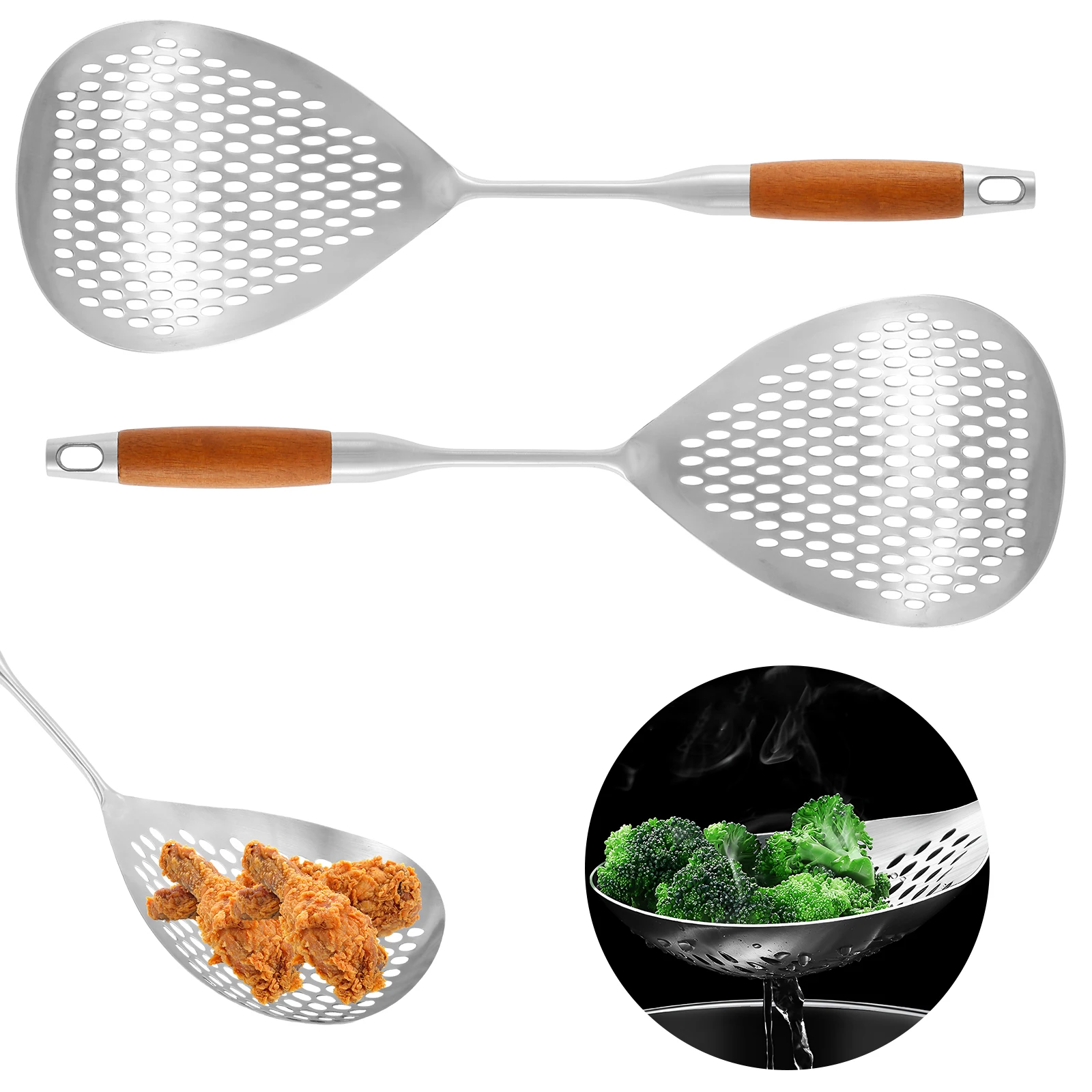 Stainless Steel Slotted Spoon Heat-Resistant Cooking Skimmer Strainer Food Draining Frying Kitchen Tool with Anti-Scald Handles