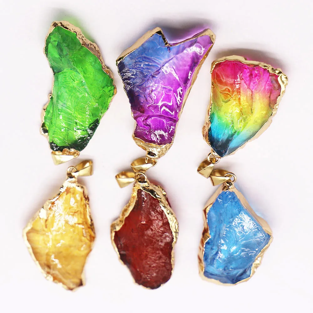 

Fashion Natural Color Crystal Pendant Necklace Irregular Gold-edged Sweater Chain DIY Jewelry Accessories 7Pcs/Lot Free Shipping