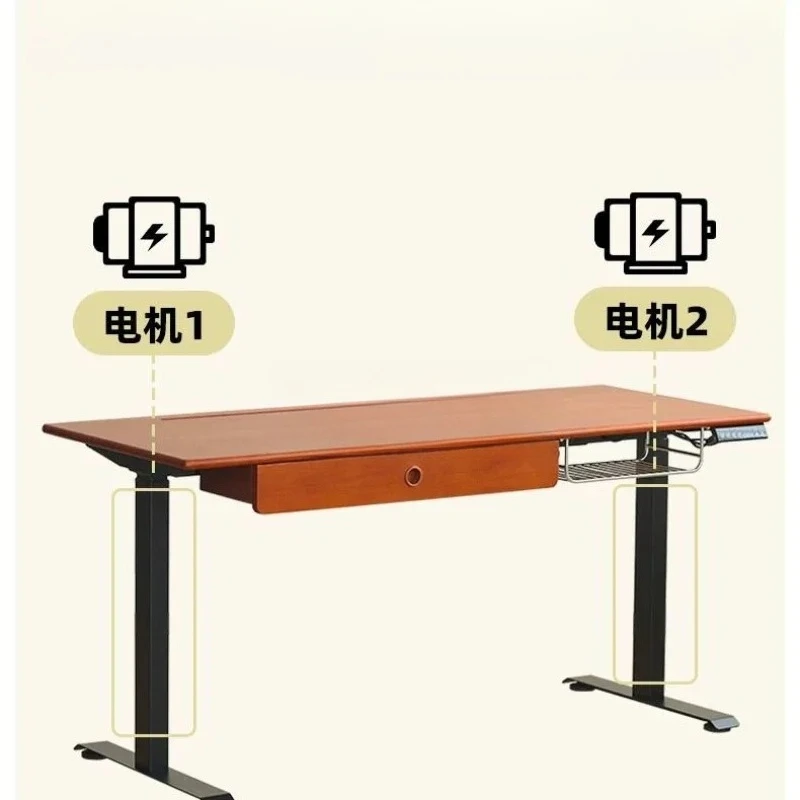 A  Solid wood electric lifting table retro furniture dual motor learning office desk game table